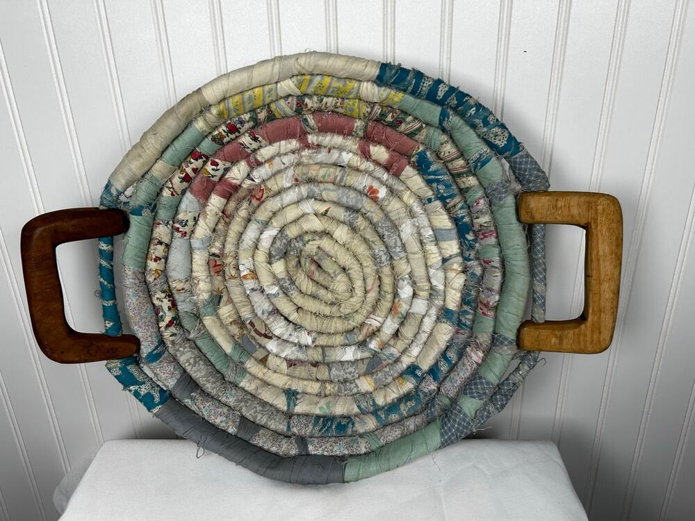 VINTAGE FABRIC WOVEN BASKET 2 WOODEN HANDLES 14"W X 4"H cottage core farmhouse